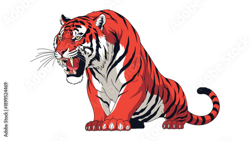Fierce crouching tiger with mouth wide open and sharp teeth displayed for intense wildlife action and powerful predator designs.