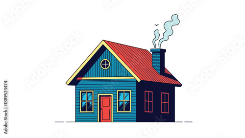 Quaint blue wooden house with a red roof and smoke rising from the chimney in a simple and charming architectural illustration.