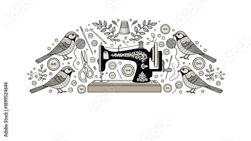 Ornate vintage sewing machine illustration surrounded by birds buttons threads and fabric patterns for classic dressmaking themes.