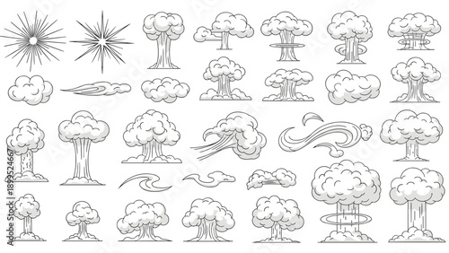 Set of black and white line drawings depicting various mushroom clouds and explosion bursts for dramatic and intense visual themes.