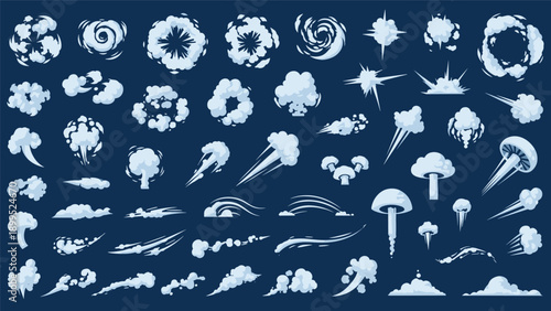 Diverse collection of white smoke steam and explosion effects on a dark blue background for animation and game design elements.