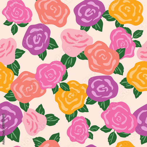 Seamless pattern of multicolored roses. Blooming floral design for textiles, wallpaper, and fabric. Decorative endless background.