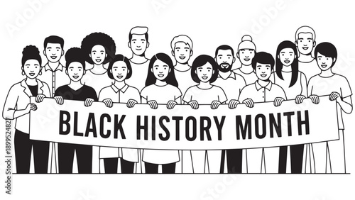 Vector line art illustration of a diverse multicultural group of people holding a large banner with Black History Month text for social justice and cultural celebration event