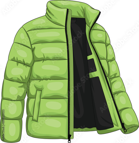 Modern lime green puffer jacket vector illustration with black interior lining and zipper detail isolated on white background for winter fashion and outdoor apparel design.