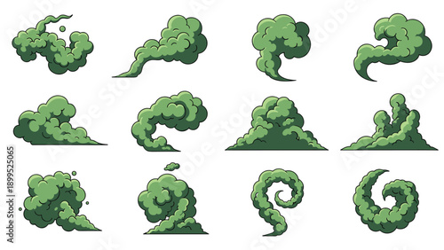 Set of green cartoon smoke clouds and toxic gas puffs with various shapes for comic book style environmental and action effects.