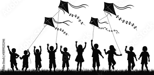 Children flying kites silhouette illustration kids outdoor play freedom summer fun childhood activity concept