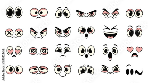 Set of twenty four pairs of cartoon eyes showing a wide range of emotions from happy and loving to angry and scared.