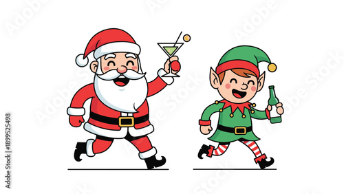 Funny cartoon illustration of Santa Claus holding a martini and an elf with a beer bottle running and celebrating.