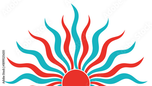 Symmetrical abstract sun illustration with a solid red center and wavy rays in alternating red and teal on white.
