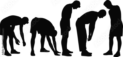 Sequence of black silhouettes showing a man performing a stretching or bending exercise, illustrating flexibility and physical movement in a linear progression