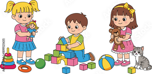 Cute children playing with toys illustration kids building blocks dolls teddy bear and ball cartoon characters