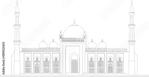 Of a traditional Islamic mosque facade with detailed geometric patterns on windows and ornate domes and minarets in a clean line style