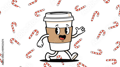 Cartoon illustration of a happy coffee cup character walking through a background of falling red and white candy canes.