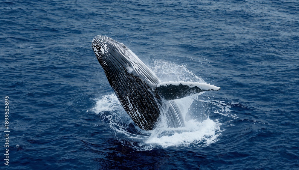 Fototapeta premium Humpback Whale Breaches the Surface of the Ocean During Daytime in Warm Waters