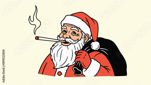 Retro cartoon illustration of Santa Claus smoking a long cigarette and carrying a large black sack of toys over his shoulder.