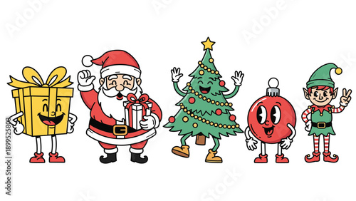 Set of five funny Christmas characters with faces and legs including a gift box Santa a tree an ornament and an elf.