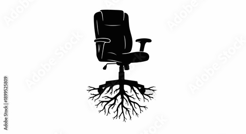 Office chair with roots growing from its base, symbolizing stability and growth in a career.