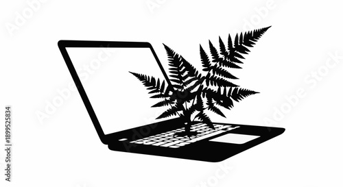 Green technology concept, digital plant growing from laptop screen, symbolizing eco-friendly innovation.