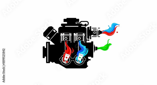 Internal combustion engine with colorful exhaust fumes symbolizing energy and power