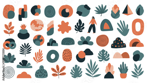 Large collection of diverse abstract organic shapes plants and one small human figure in a muted teal and orange color palette.