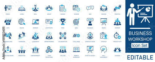Business Workshop and Corporate Training solid icon set. Includes symbols for Skill Assessment, Remote Workshop, Leadership, and Startup Launch. Solid vector icons for coaching.