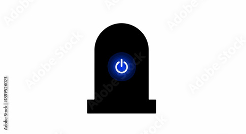 Black silhouette of a power button symbol glowing blue on a white background, representing technology and energy