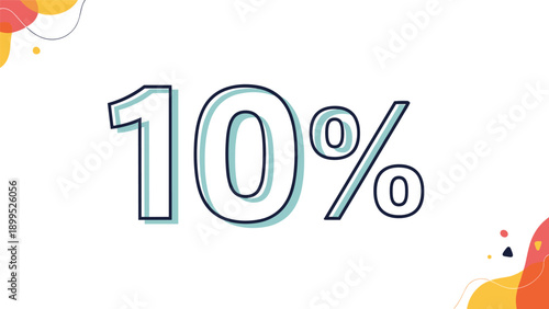 Ten percent discount text design with a clean white font and subtle teal shadow on a decorative white background with abstract colorful shapes.