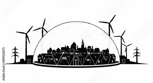 Sustainable city powered by clean wind energy under a protective dome.