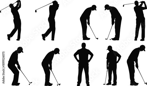 Golf, player, silhouette, set, showing, swing, putting, stance, actions, poses, sport, athlete, competition, outdoor, recreation, training, black, vector, illustration, collection