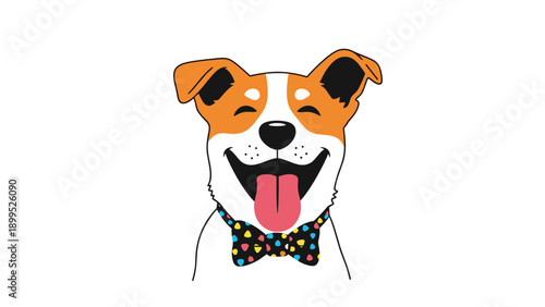 Illustration of a happy smiling brown and white dog wearing a colorful polka dot bowtie isolated on a clean white background for pet branding.