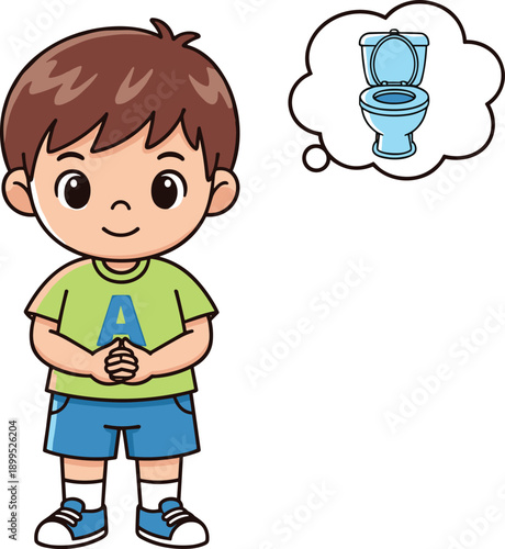 Cute little boy thinking about toilet, potty training concept cartoon illustration, child bathroom routine education isolated on white