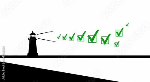Lighthouse guiding success with a trail of checkmarks symbolizing achievement and progress.