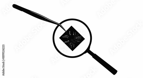 Precision inspection of a small electronic component under a magnifying glass.