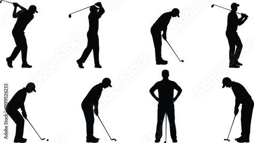 Golf, silhouette, icons, set, showing, golfer, swing, putting, stance, actions, poses, sport, athlete, outdoor, recreation, training, black, vector, illustration, collection