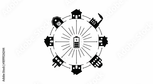 Central energy source powering diverse community buildings in a circular diagram.