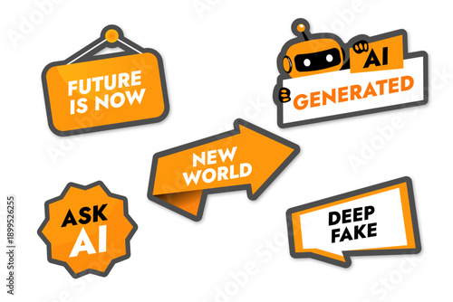 A set of orange stickers with a robot on the theme of AI generation of the future