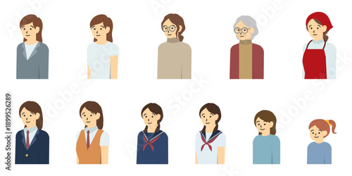 フラットイラスト：様々な年代の女性の上半身セット