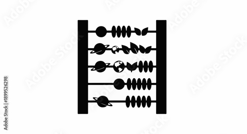 Vintage abacus with beads shaped like leaves and geometric forms, representing calculation and nature.