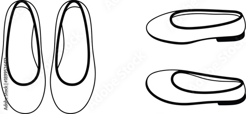Simple outline of two pairs of ballet flats or ballet slippers shown from different angles shoes footwear