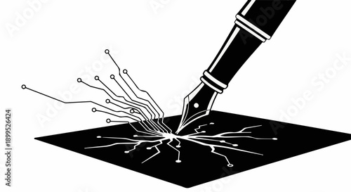 Fountain pen creating digital circuits on black surface, symbolizing innovation and technology.