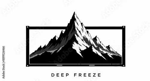 Dramatic mountain peaks framed within a stark, industrial border, evoking a sense of extreme cold and rugged wilderness.