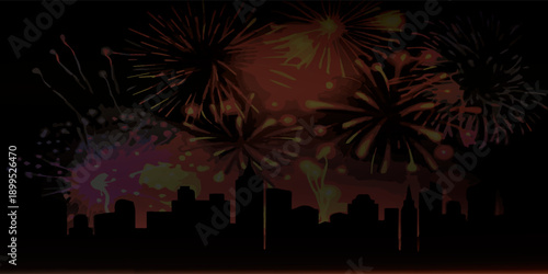 Vibrant fireworks illuminate the night sky above a city skyline celebrating a special occasion.