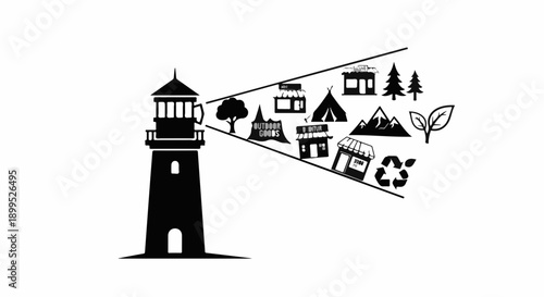 Lighthouse beam illuminates diverse businesses and environmental icons, symbolizing guidance and growth.