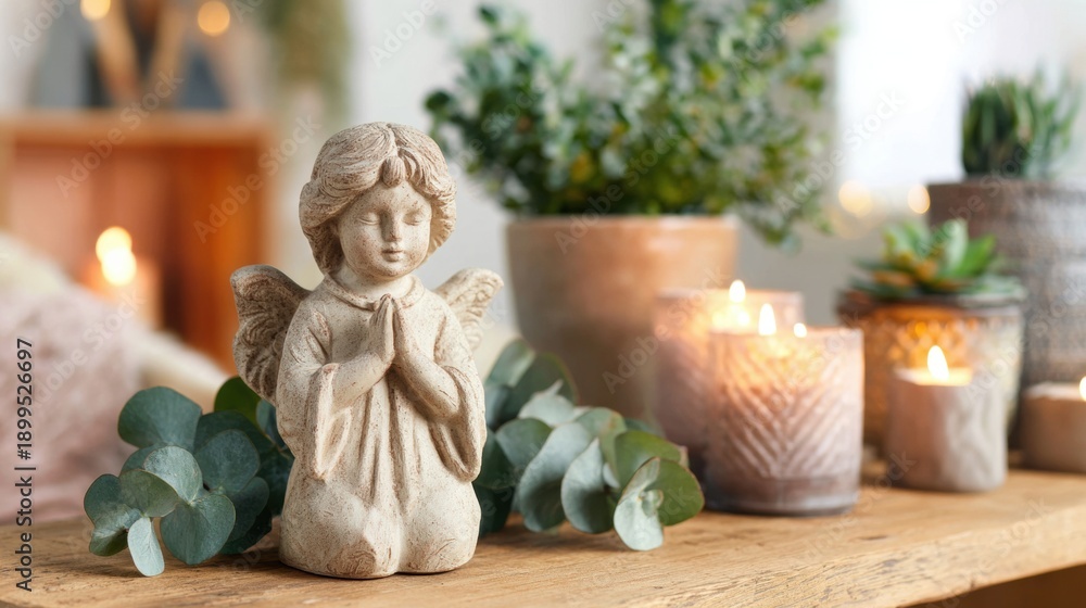 Fototapeta premium Angel statue sits among candles and plants on a wooden table in a warm space
