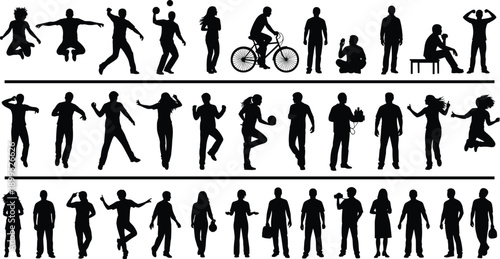 People, silhouette, set, showing, men, women, actions, poses, sports, dancing, walking, jumping, cycling, lifestyle, motion, activity, vector, illustration, collection, design