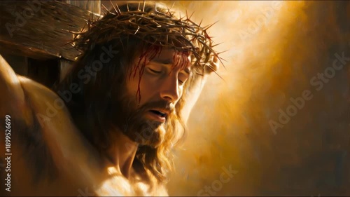 Jesus, wearing a crown of thorns, looks up and weeps. Jesus Christ on the cross on Good Friday. The concept of religious worship and Christianity. The crucifixion and resurrection of Christ, Easter.