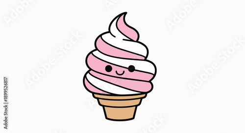 Happy cartoon pink white soft serve ice cream cone sweet dessert summer treat snack food