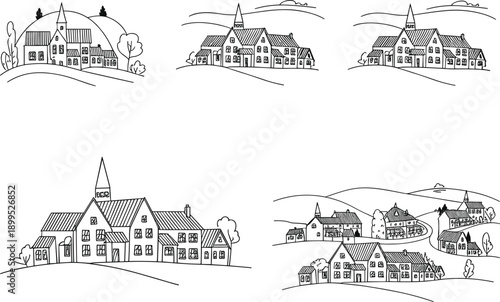 Hand drawn village houses and church line art collection, rural town landscape sketches, countryside architecture outline illustration set