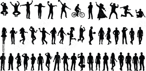 People, silhouette, icons, set, showing, men, women, dancing, sports, walking, jumping, cycling, lifestyle, action, movement, activity, black, vector, illustration, collection