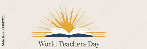 World Teachers Day book with light rays of knowledge - Ideal for educational posters, school social media, or thank you cards.